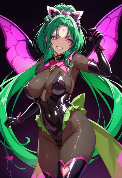 Cure Mint. Shiny. Green hair. Forehead. Parted bangs. Black butterfly hair ornament. Glowing pink eyes.Droopy eyes. Evil smile. Purple eyeshadow. Succubus-style magical girlcostume. Angled bust. Erect nipples. Curvy waist. Shiny. Glossy. Latex costume. Bla...