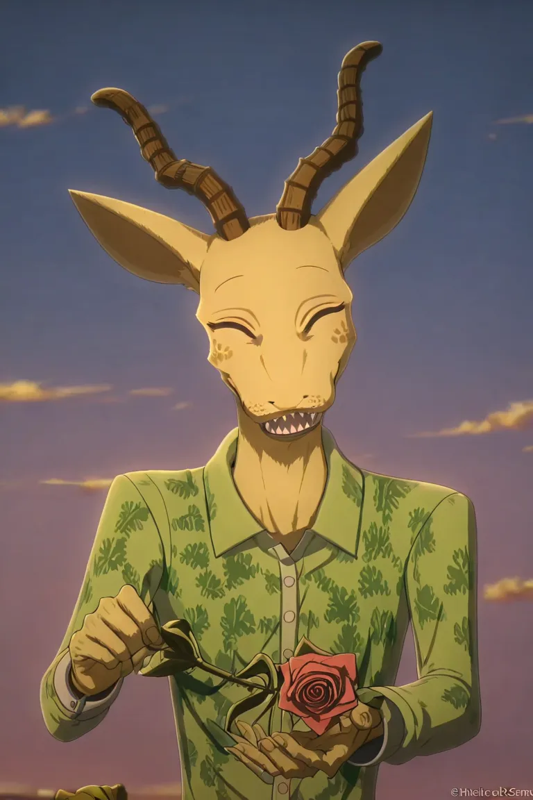 Melon de beastars , melon , Hybrid , Melon de beastars ,  smiling , happy , neutral , melon leaf shirt , offering you a rose , psycho smile 