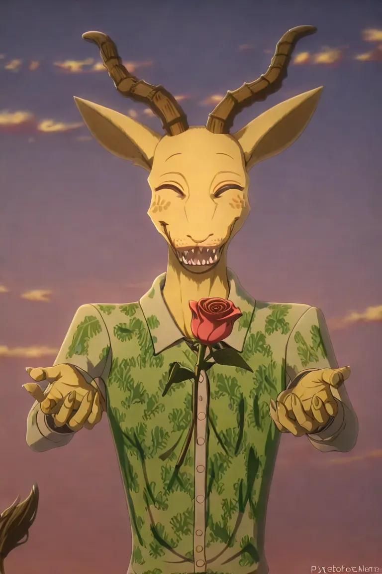 Melon de beastars , melon , Hybrid , Melon de beastars ,  smiling , happy , neutral , melon leaf shirt , offering you a rose , psycho smile 