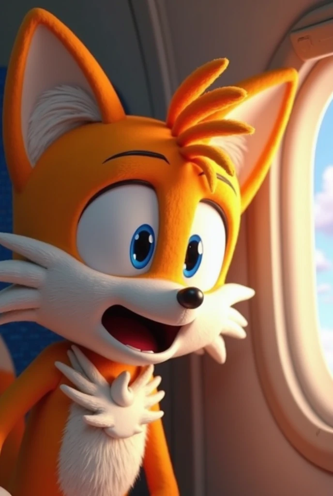 Detailed close-up of Tails (from sonic) pressing his face very close to the airplane window, eyes wide open in exaggerated surprise and intrigue, slightly fearful. Highly expressive Pixar-style 3D animation, window reflections clearly visible, detailed air...