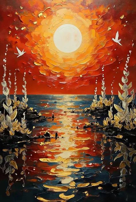 Surrealist art style with sharp contrasts, mesmerizing lake with unnaturally smooth black and red waters reflecting a massive golden sun, stark white reeds and strange flora emerging from ebony banks, golden dust particles floating in the air creating a ma...