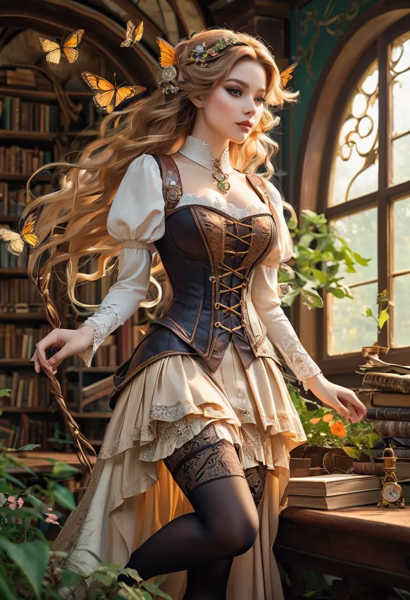 A stunning woman stands in the heart of a garden library, surrounded by shelves lined with ancient, leather-bound books. The atmosphere is whimsical and serene, blending steampunk, fairycore, and angelcore aesthetics. Her curvaceous, hourglass figure is bo...