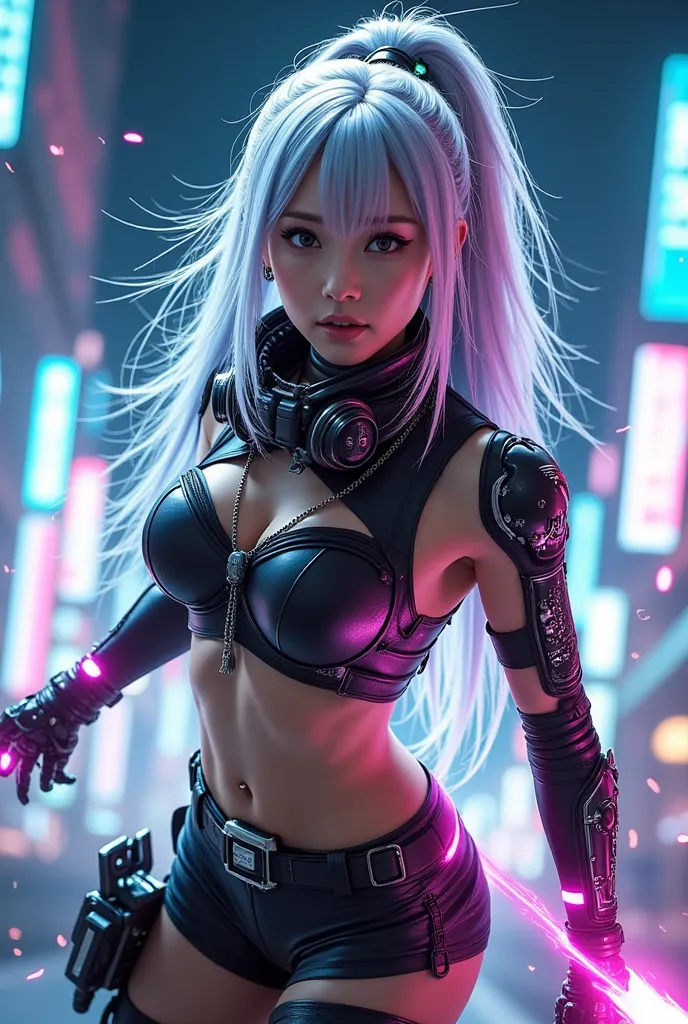 dynamic action scene with sparks dancing。cyber A futuristic female warrior who combines punk and Japanese styles、Ready for battle with a cool expression。skyscrapers in a neon city、wears cybernetic accessories with long silver hair and {x} suits are embedde...