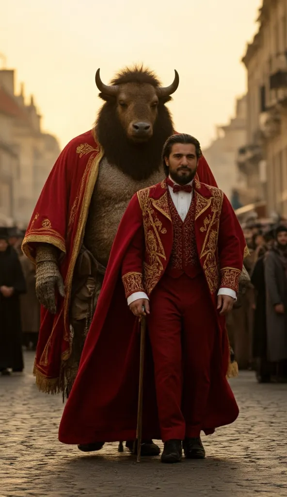 A majestic scene set in a historic European city, with classical architecture in the background.  An elegant man,  with a well-groomed beard and hair combed back , wears a luxurious red costume with gold details, including a sophisticated vest and a refine...