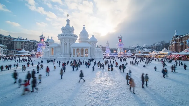 Top Quality,super high resolution,real,Winter snow scene,Snow Festival Venue,Cold Snow Field,Massive Snow Sculpture,Decorated Stalls,Many tourists,Bright Winter Sky,Warm lighting,Snowy Buildings,Snow Scene Reflected on Lake Surface,Sapporo,Hokkaido,A winte...