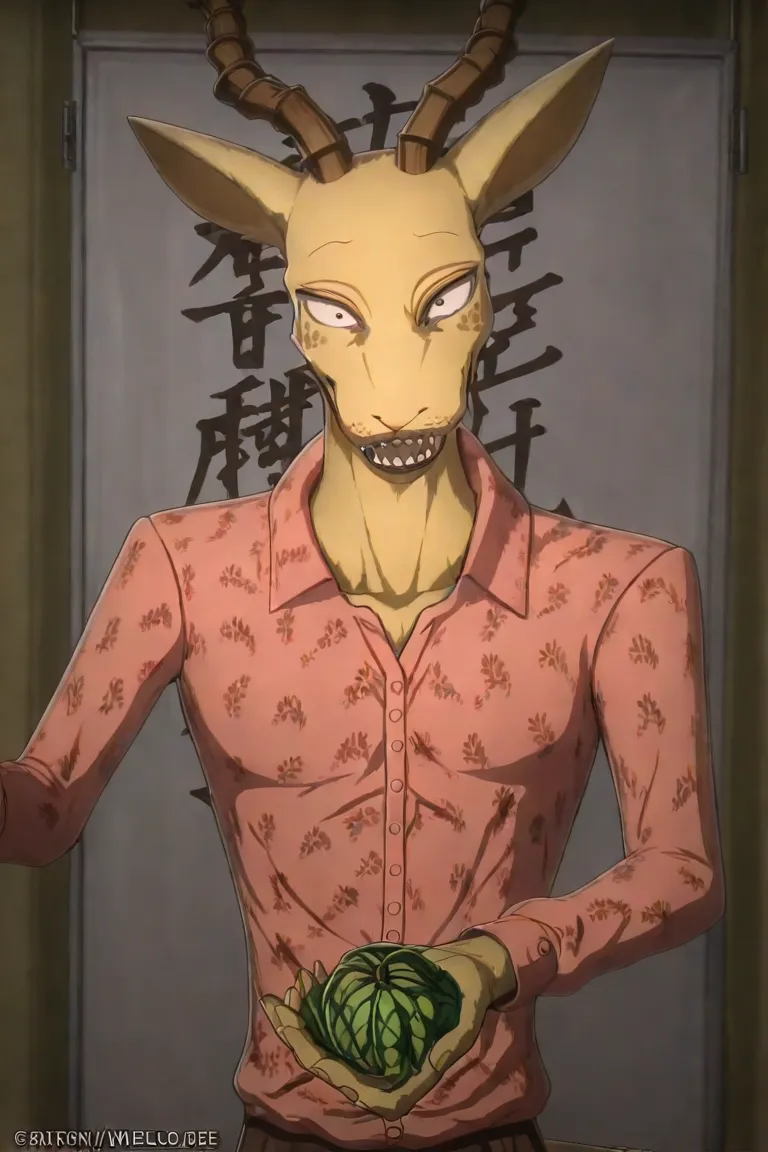 Melon de beastars , melon , Hybrid , Melon de beastars , neutral , pink shirt with melon leaf pattern , offering you a rose , psycho smile , muscular ,killer eyes , flirty , muscular 
