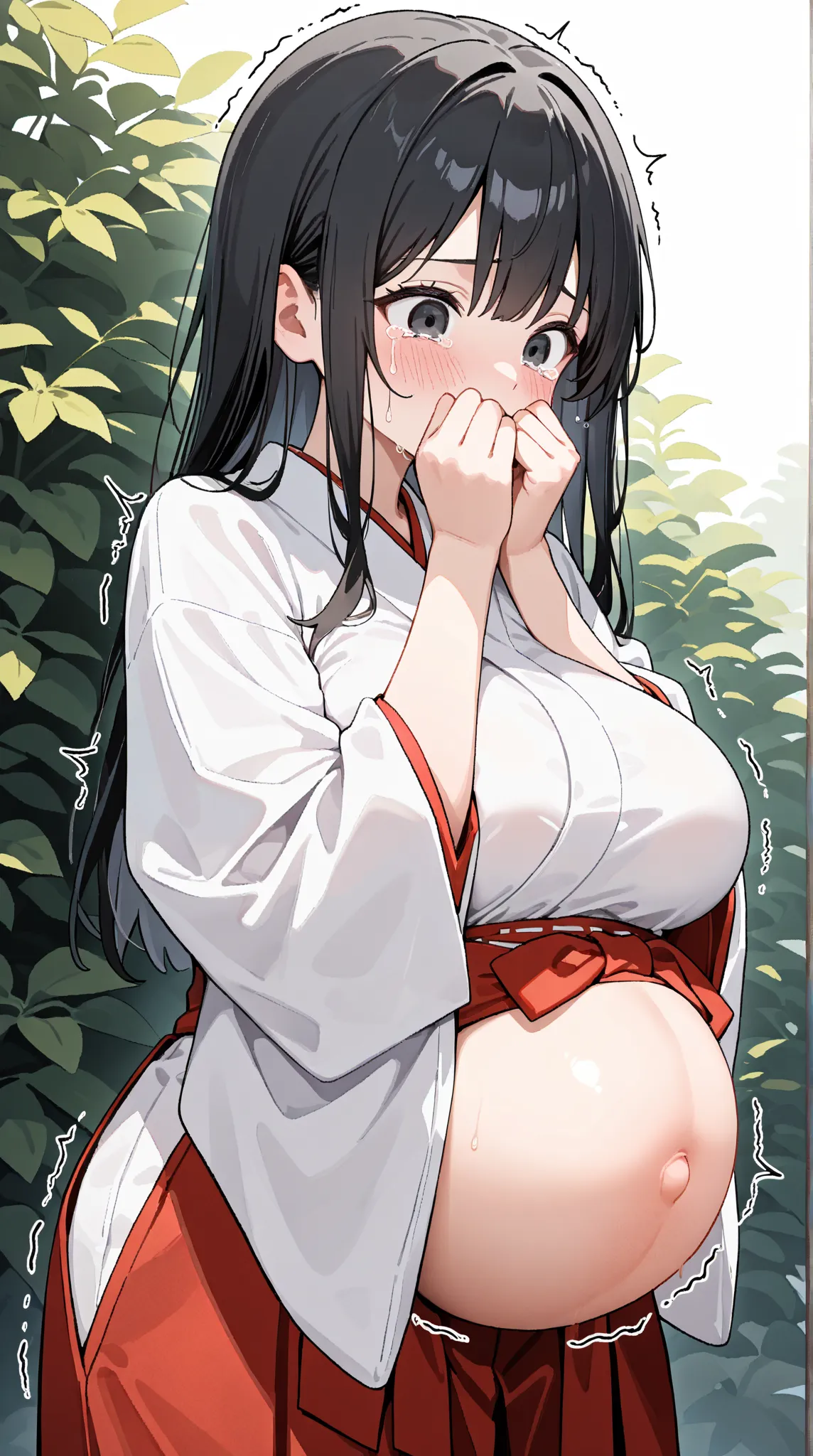   1 girl, solo, long hair, blush, black hair, long sleeves, white background, cowboy shots, large breasts, japanese clothes, wide sleeves, tears, black eyes, trembling, hakama skirt, crying with eyes open, white kimono, miko, covering own mouth, red hakama...