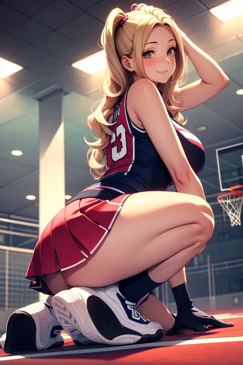 An anime-style girl with long, wavy blonde hair, wearing a modern cheerleader outfit in black and white. She is posing on an indoor basketball court, kneeling on one knee while holding a basketball with one hand. Her expression is cheerful with a warm smil...