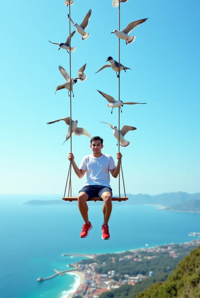 Fantasy image, natural, surreal, sharp, thirty-year-old Asian man wearing a white t-shirt, navy blue shorts, red sneakers, is sitting on a swing. At the end of each is a thin rope. Many kinds of birds are holding the ends of the rope, flying with the swing...