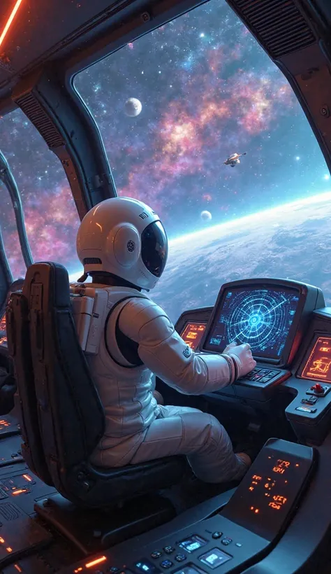 A futuristic Roblox astronaut sits in the cockpit of a sleek spaceship, gripping the controls with determination. The massive window reveals a breathtaking view of colorful nebulae, distant planets, and floating asteroids. The ship’s dashboard glows with h...