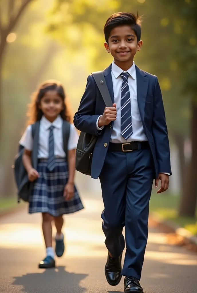 "A handsome  Indian boy and girl walking home from school on a peaceful afternoon. He is wearing a clean white shirt, dark blue pants, a striped tie, a neat belt, polished black shoes, and a perfectly fitted blue blazer. The boy carries a school bag over h...