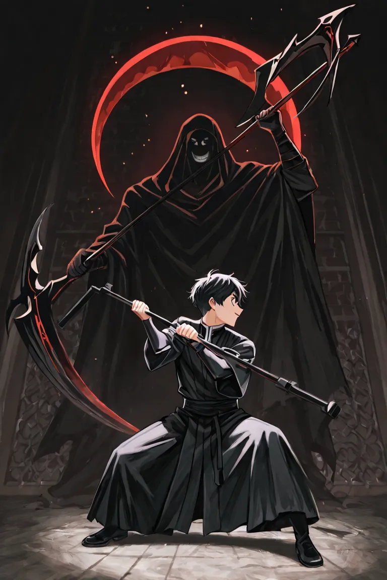 Boy shrouded in shadows black hair open black eyes, He only shows his happy face because of a fight he is going to have this dressed completely in black with a scythe he is in a fighting posture, ready to attack, profile position, fondo blanco, full body