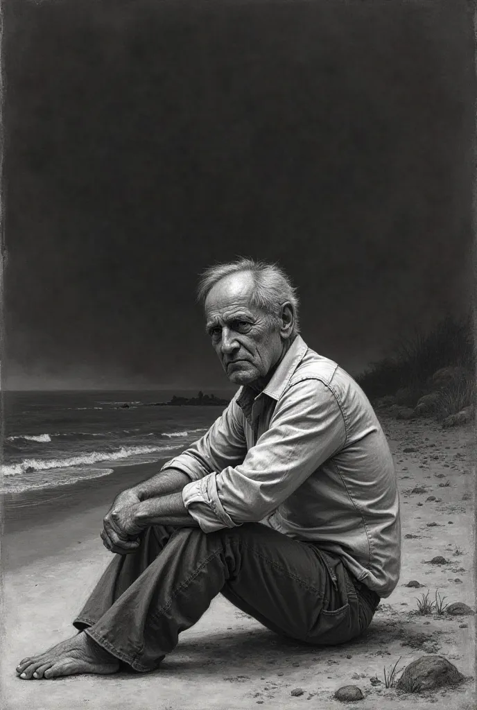 A anime age man to sit in front of dark beach pencil drawing
