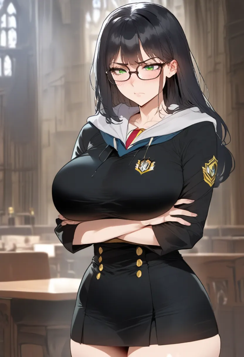 green-eyed woman wearing glasses , short straight black hair, huge bust , medium height , Hogwarts style dress with miniskirt , shy expression , arms crossed under the bust