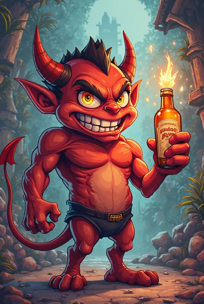 A human devil with a guaro bottle,  cartoon
