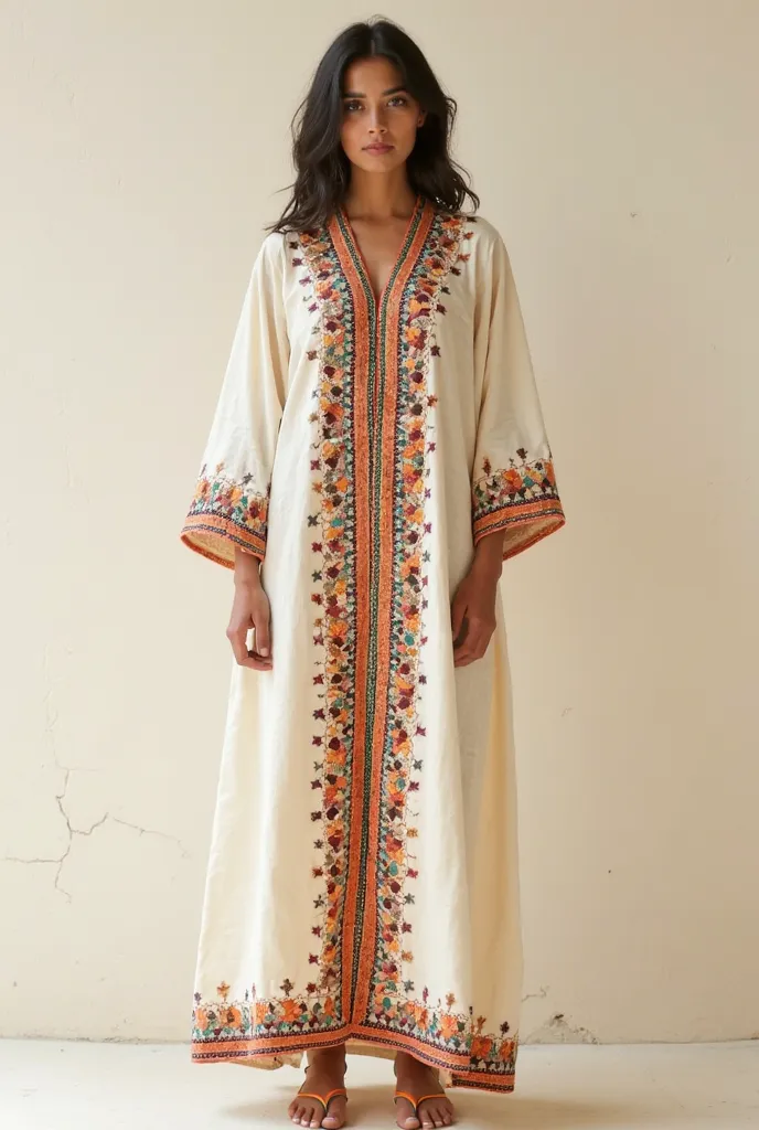 A cream-colored, long-sleeved, floor-length garment, likely a kaftan or dress.  The garment is adorned with vibrant embroidered designs in various shades of orange, teal, and maroon.  Geometric patterns, including triangles and stylized floral motifs, are ...