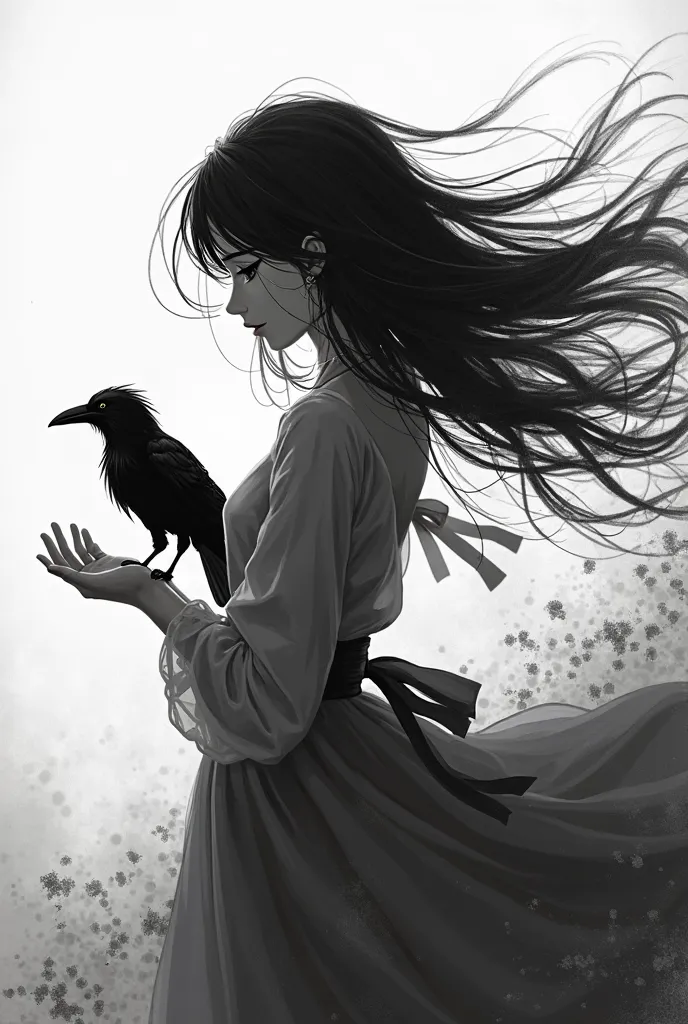 Easy Manga art style with only black and white no background mysteries anime girl holding her pet crow in her hand and the wind pushing her long hair behind her 