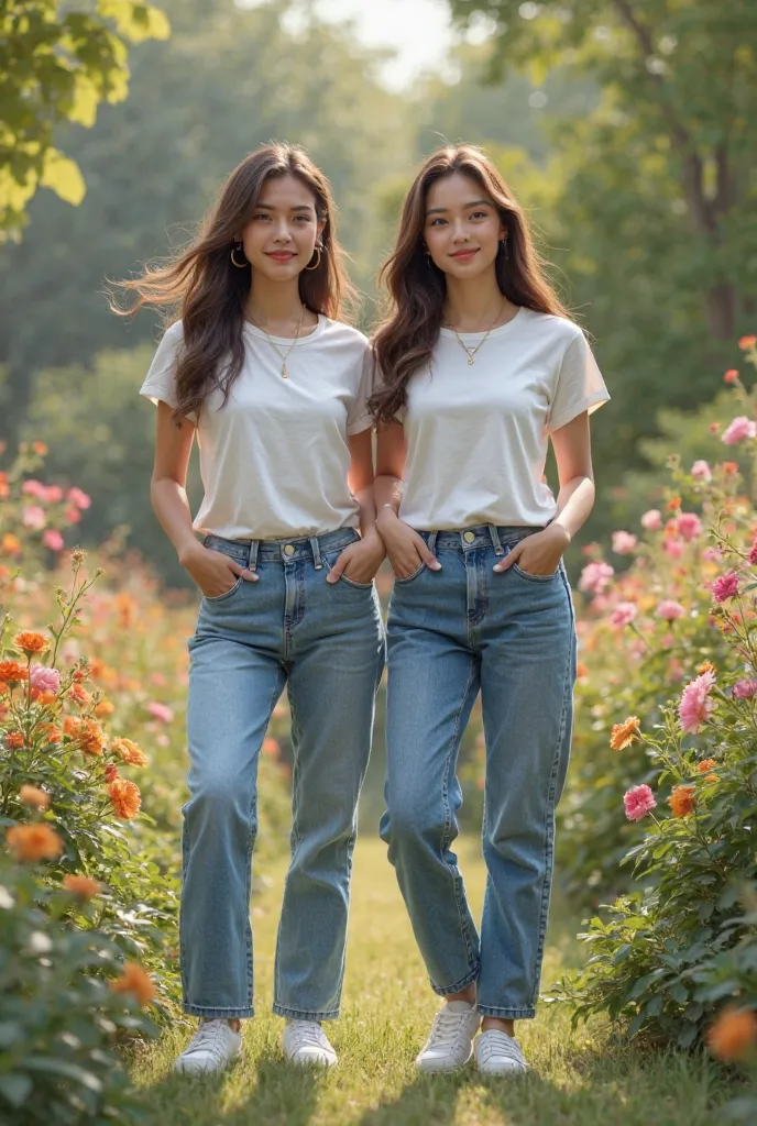 Really girl s in a garden white t-shirt and a jeans pants and a white shoes