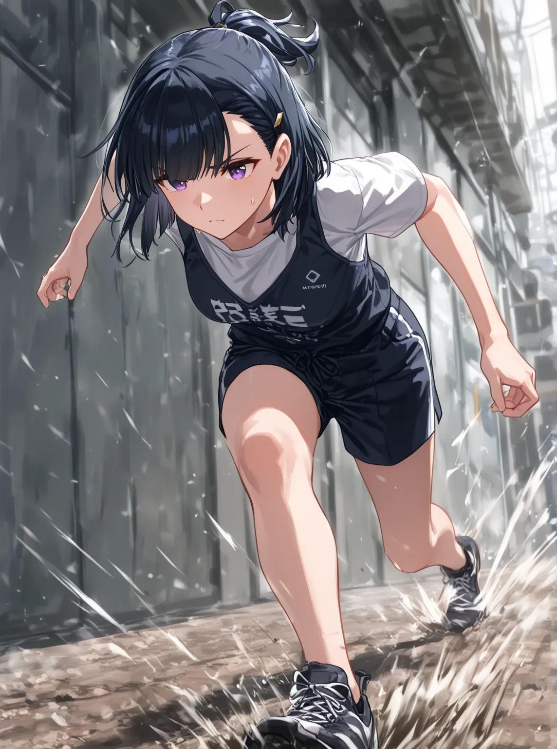 UMAKO ,medium hair,black hair,asymmetrical bangs,hairclip,short ponytail,purple eyes、REAL SKIN, 、Running with a forward lean, stepping on the ground, looking from the side, cutting through the wind, gaining speed、A dignified face, a serious face, looking a...