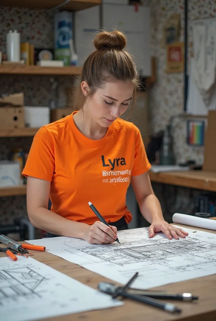  A woman draughting drawing of building wearing lyra builders named Tshirts the colour of tshirt is orange