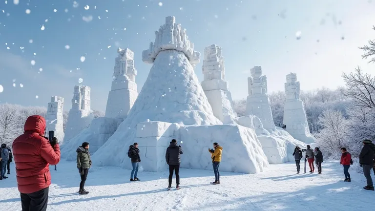 high quality,super high resolution,real,snowflakes fluttering in front of a snow statue,Snow Festival Venue,Cold Snow Field,Large Snow Sculpture,Tourists taking commemorative photos in front of snow sculptures,4K,8k,High Precision,realistic,フォトreal,HDR,UHD...