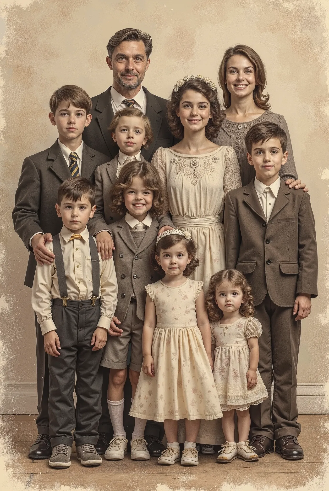 imagine Create a classic-style family portrait drawing featuring the following 13 family members, set in a timeless, vintage-inspired backdrop:


- 5 sons, ranging in age from 18 to 's old, with energetic and eager expressions
- 6 daughters, ranging in age...