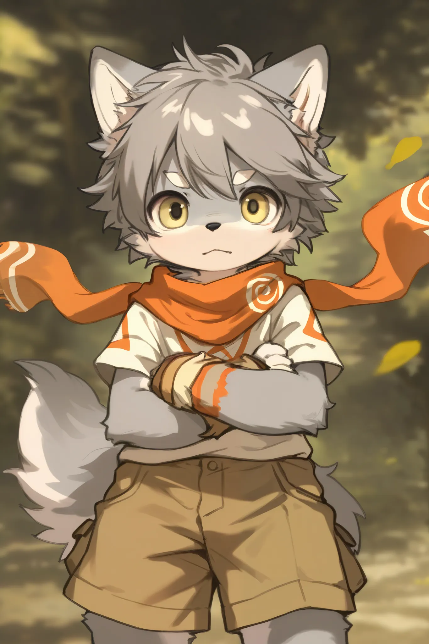 wolf boy，furry boy， toddlers， grey hair ，scarf，Shorts and short sleeves，Primitive tribe