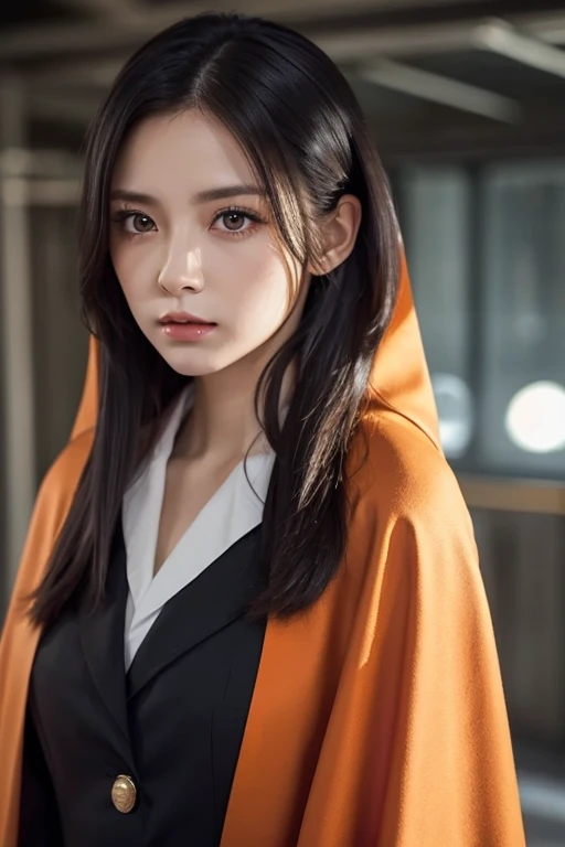  white girl with long black hair is wearing a military uniform,  Orange Cape , Big hazel eyes,  Science Fiction , Dark mood, 