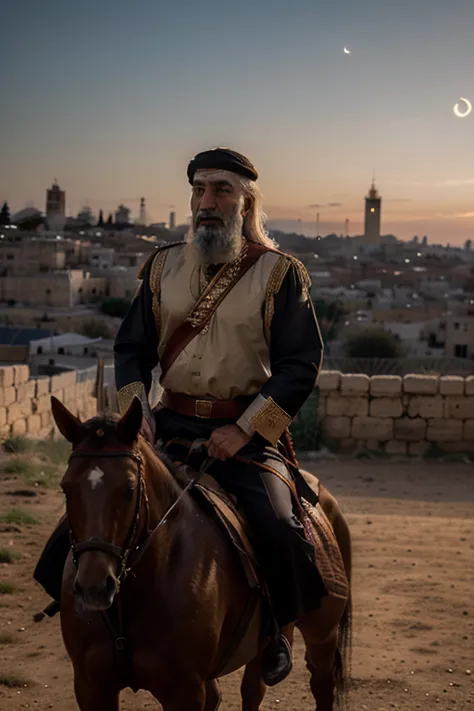 Sultan Salahuddin Al-Ayyubi on horseback, commanding his troops, with a backdrop of Jerusalem's ancient walls, as the dawn light illuminates the battlefield and the crescent moon hangs in the sky."
