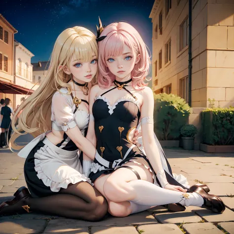 2girls, pink hair, green hair, friends, hugging, harness, asymmetrical gloves, asymmetrical socks, elbow gloves, two girls, harness, black dress, solo, ahoge, armpits, bare shoulders, glow eyes, harness, maid dress with bare shoulder, chest sarashi, collar...