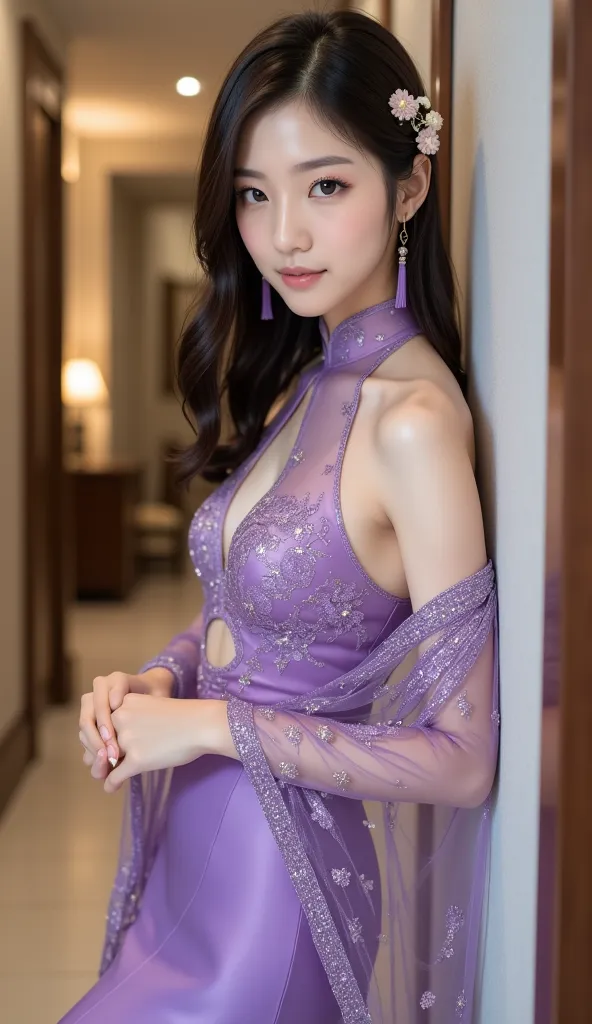 A23-year-old Japanese woman with a well-groomed face and large eyes that are characteristic and very beautiful

masterpiece best quality, photorealistic portrait in a refined hotel corridor or suite entrance, featuring an adult female model dressed in a lu...