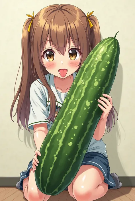 a girl (((anime))) school , Kneeling sticking out her tongue like a puppy with a lot of saliva in its mouth and dripping from it,With a big Pepito covering without eyes (((The big and juicy cucumber)))