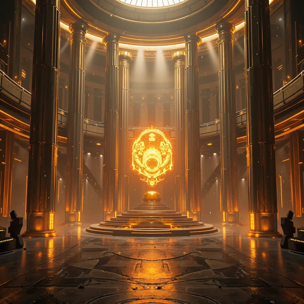 A cinematic, golden, and futuristic PUBG esports background featuring towering pillars, glowing accents, and an arena-style aesthetic. The environment is designed with a dark, intense gaming theme, incorporating intricate golden details, dramatic lighting,...