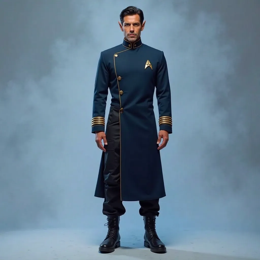 A handsome man, black hair, gray eyes, pointed ears, and ruddy skin tones, in a full-body pose, wearing a variation of the uniform inspired by STAR TREK (1966) with a tunic of deep navy blue, gold-trimmed cuffs, black cargo trousers, black tactical boots, ...