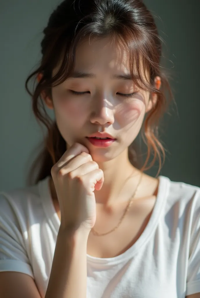 Professional photo shoot of a beautiful woman using natural light、A cute, brown-haired 16-year-old Japanese man has closed her eyes, wrinkles between her eyebrows, raised her chin, and her mouth is open, and her expression is slightly painful、Do squats wea...