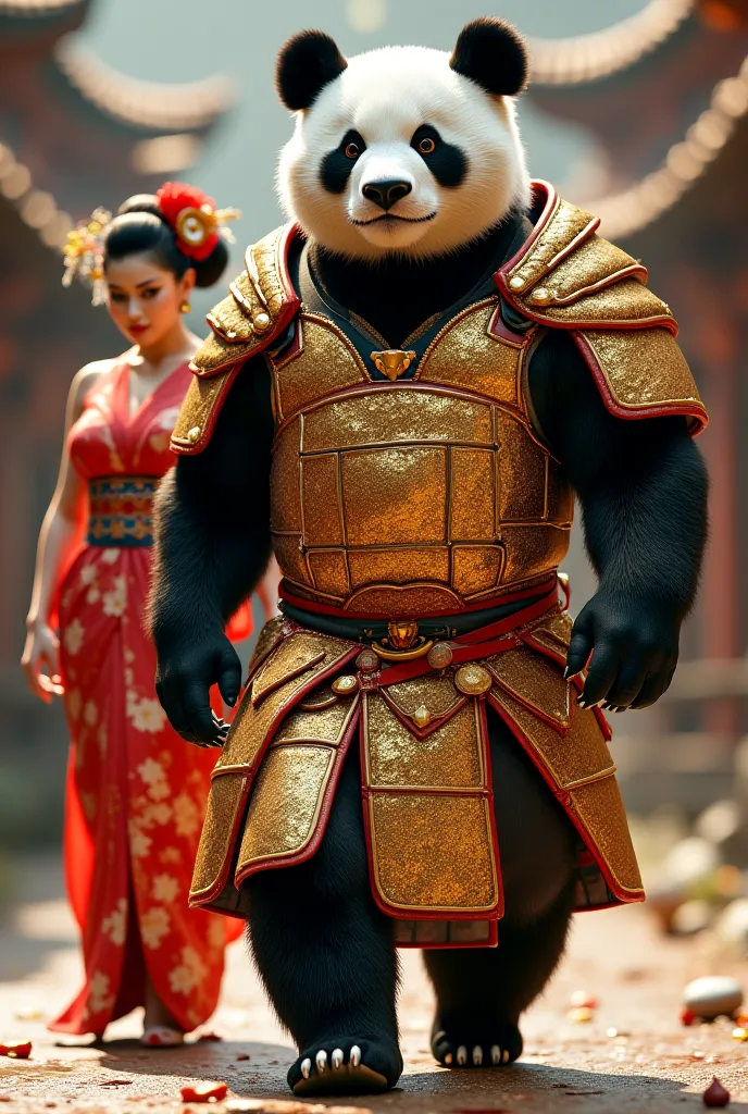 Bodybuilder panda bear walking in samurai clothing coated in gold glitter and gemstones with a beautiful sexy geisha with big breasts, thick thighs and perfect beauty walking in front of you 