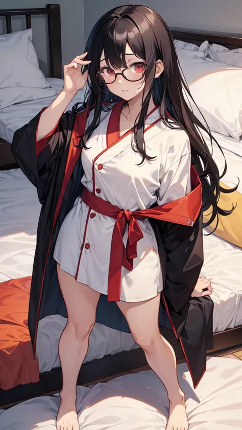 Anime style illustration: sister in a robe ,18 years old,  anime character , official character art, full body, женская аниме девушка сестра 18 years old, (black hair:1.5), (sunburnt:0.5), (Sweaty:1.2), glasses, on the bed, (cute posing :1.5), looks at vie...