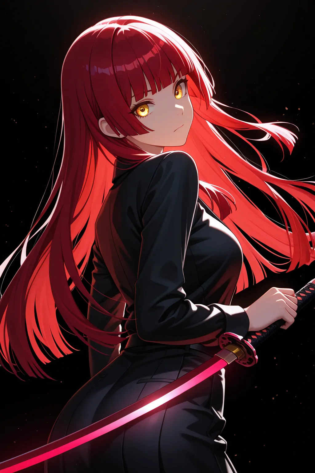 masterpiece, top quality, feet, focus on the character, classroom, side angle, upper body, hime cut, long hair, Red hair, cybernetic, golden eyes, I have Katana, Pose while wielding Katana, dynamic angle, focus on the face,  Viewers ,  Backlight, round bac...