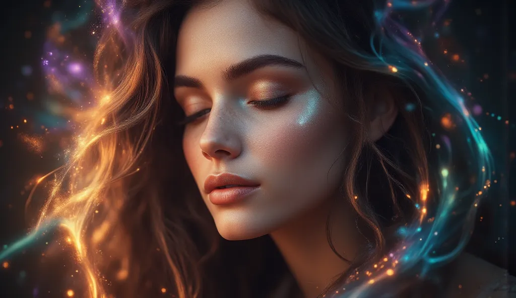 A portrait of a serene woman with long, flowing hair illuminated by soft, colorful light, creating an ethereal and tranquil atmosphere. She has her eyes closed, exuding a sense of peace and contentment, with delicate features enhanced by gentle illuminatio...