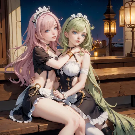 2girls, pink hair, green hair, friends, hugging, harness, black dress, solo, ponytail, ahoge, armpits, bare shoulders, glow eyes, harness, maid dress with bare shoulder, chest sarashi, collarbone, garter on the legs, cowboy shot, stomach, strapless, white ...