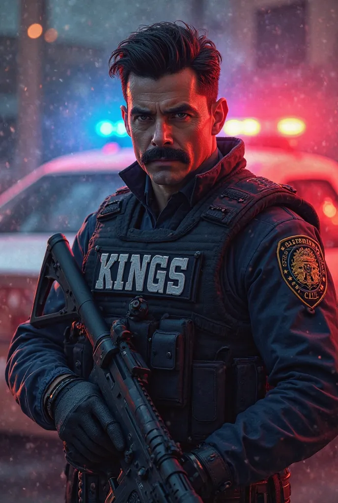 A dark-haired policeman with a mustache holding a rifle and written on his vest Kings against the background of siren lights and the policeman with an angry face 