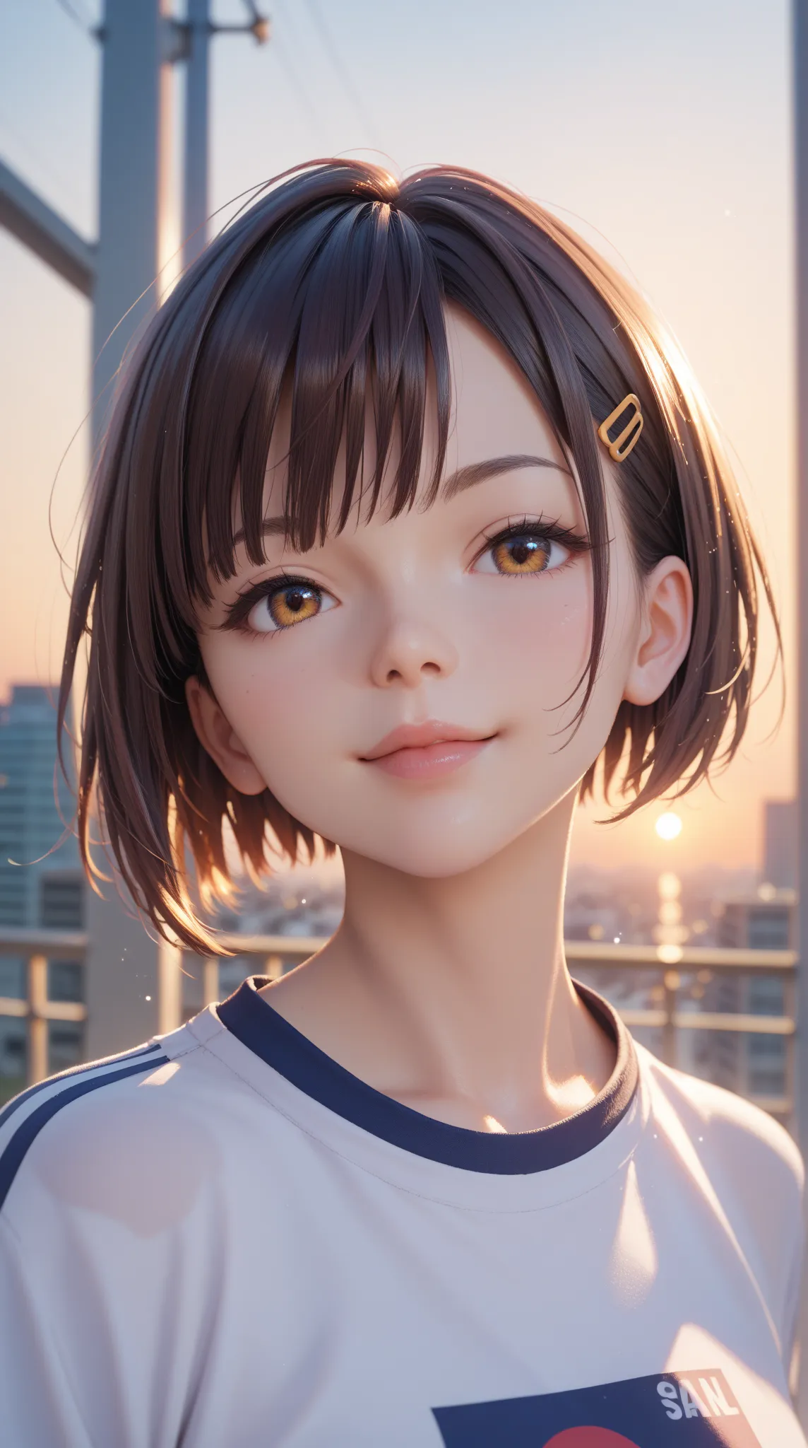 sunset, In the city,High Resolution, 1 girl, solo, smiles, short bob cut, close your mouth, anime style, sporty look,standing up picture,