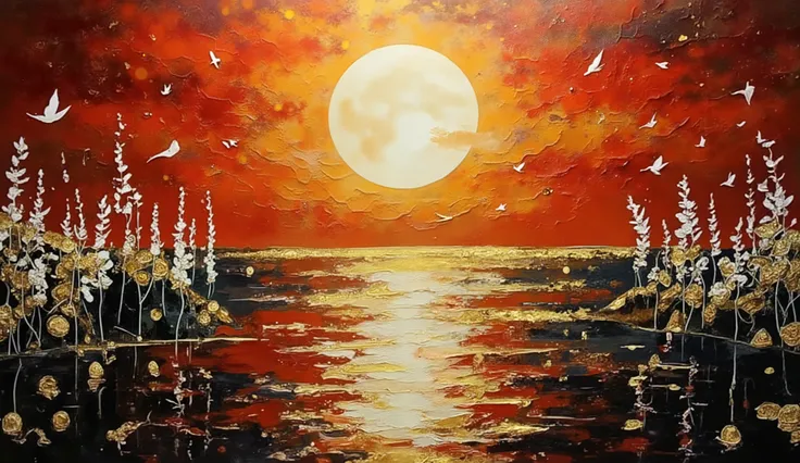 Surrealist art style with sharp contrasts, mesmerizing lake with unnaturally smooth black and red waters reflecting a massive golden sun, stark white reeds and strange flora emerging from ebony banks, golden dust particles floating in the air creating a ma...