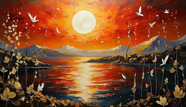 Surrealist art style with sharp contrasts, mesmerizing lake with unnaturally smooth black and red waters reflecting a massive golden sun, stark white reeds and strange flora emerging from ebony banks, golden dust particles floating in the air creating a ma...