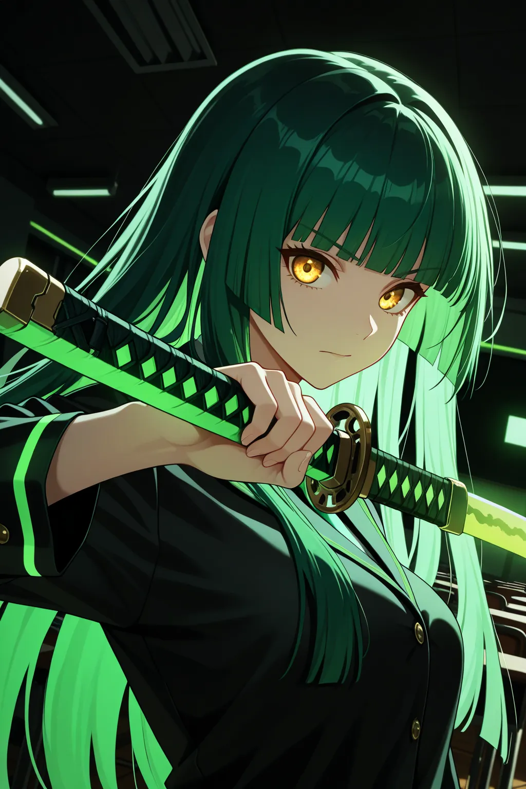 masterpiece, top quality, feet, focus on the character, classroom, side angle, upper body, hime cut, long hair, green hair, cybernetic, golden eyes, I have Katana, Pose while wielding Katana, dynamic angle, focus on the face,  Viewers ,  Backlight, round b...