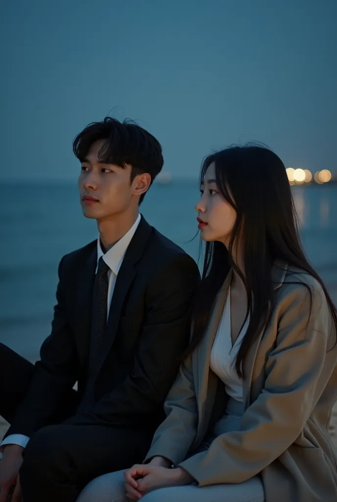 a handsome young man posing korean, detailed face, wearing formal clothes with suit and tie, sitting on the beach with a beautiful innocent woman, detailed korean face, long hair, wearing casual korean style clothes, looking towards the sea at night. with ...