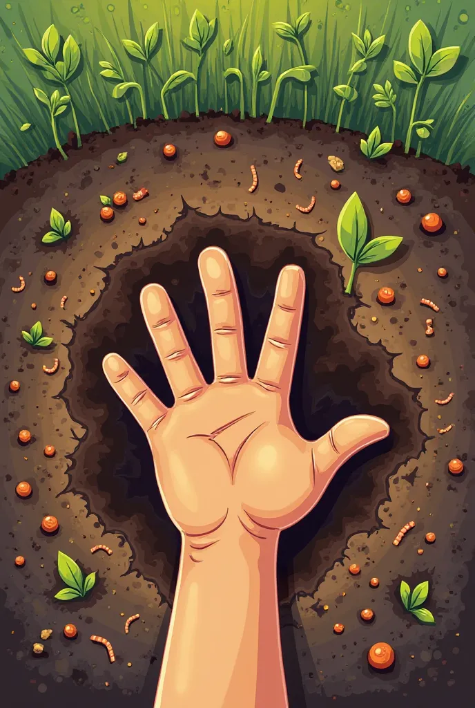 make a cartoonize poster with a top point of view of a person's hand in a soil