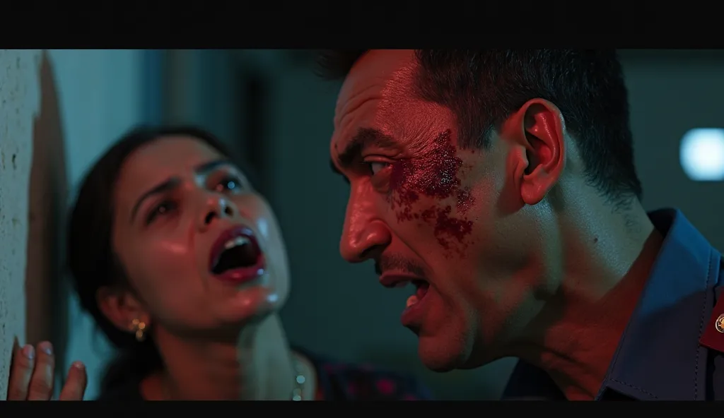 hyper-realistic emotional reaction scene in Jakarta, Indonesia, showing Siti Rahma’s horror as she realizes the police have planted false evidence against her. Her expression is a mixture of shock, fear, and anger. Her breath catches in her throat, her han...