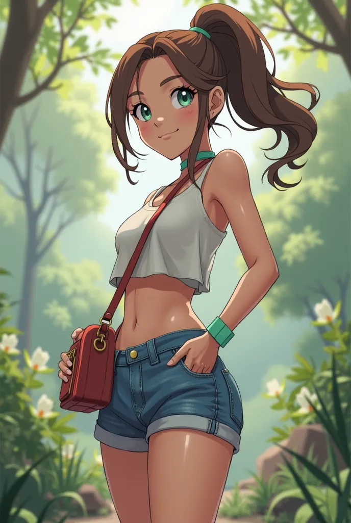 Pokemon trainer girl, booty blue jean shorts, cropped shirt, loose fitting, hip purse, hair up, brown hair, mint green 