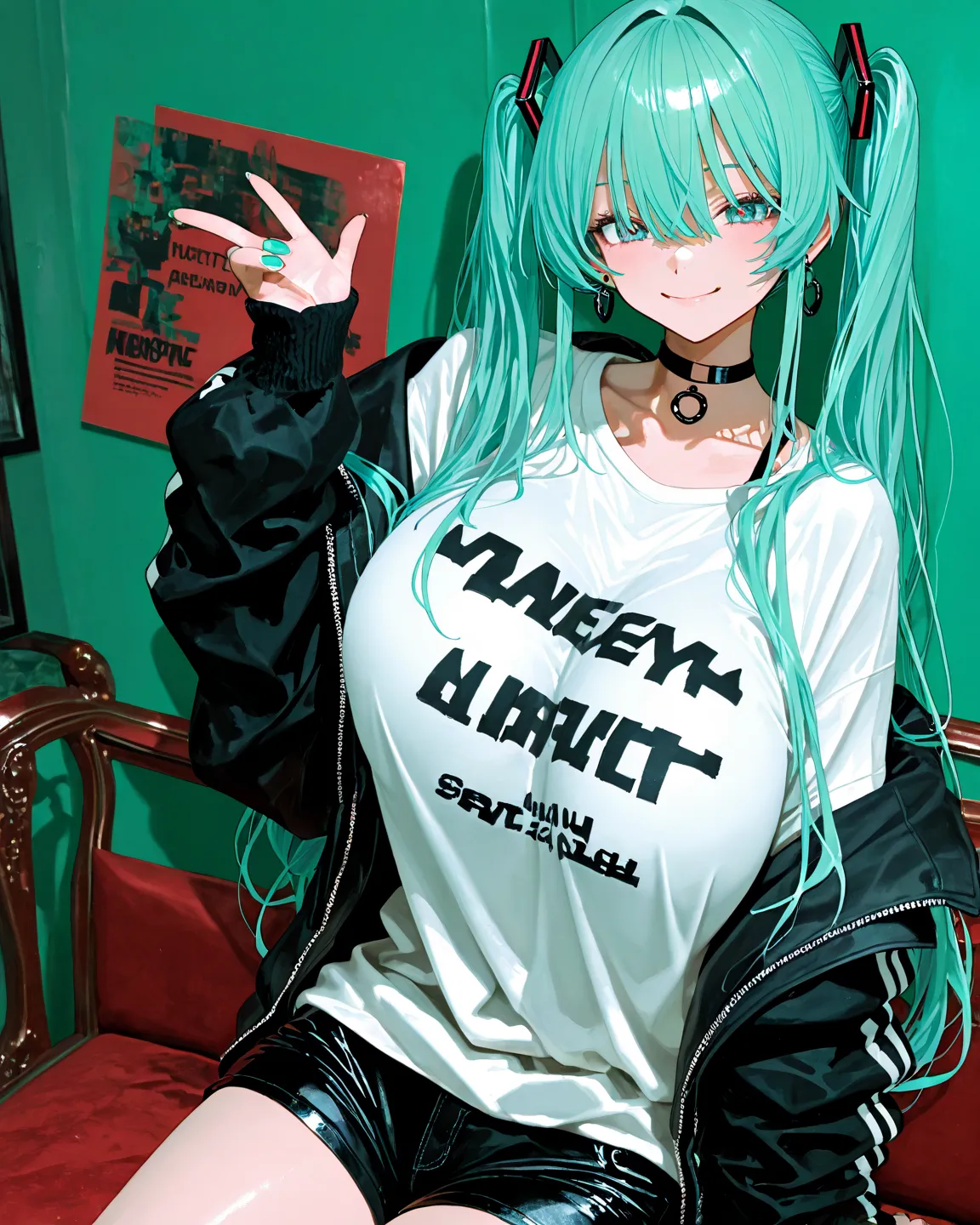    8k Wallpaper、  masterpiece、最high quality、   high quality、   very aesthetic 、   absurd、   latest、    indoors  、    shorts for when sitting  、    long hair、 Graphic anime style girl、Hatsune Miku  、      shirt,    tuxedo ,   earrings,      jacket、色ed      ...